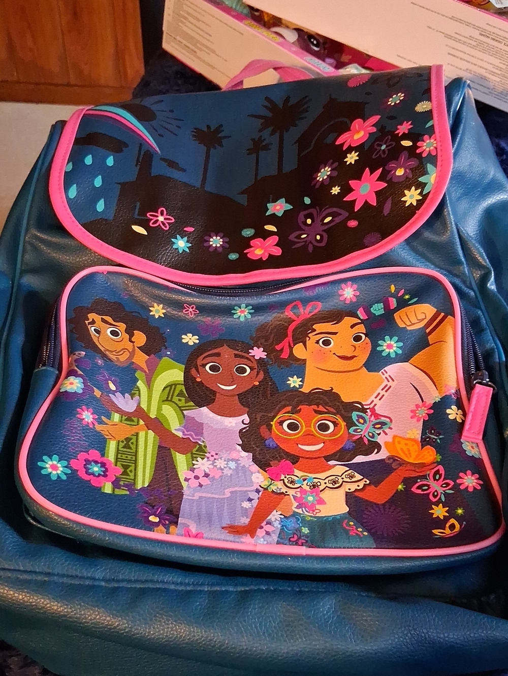 Kids Floral Character Backpack - Blue with Pink Trim Leather